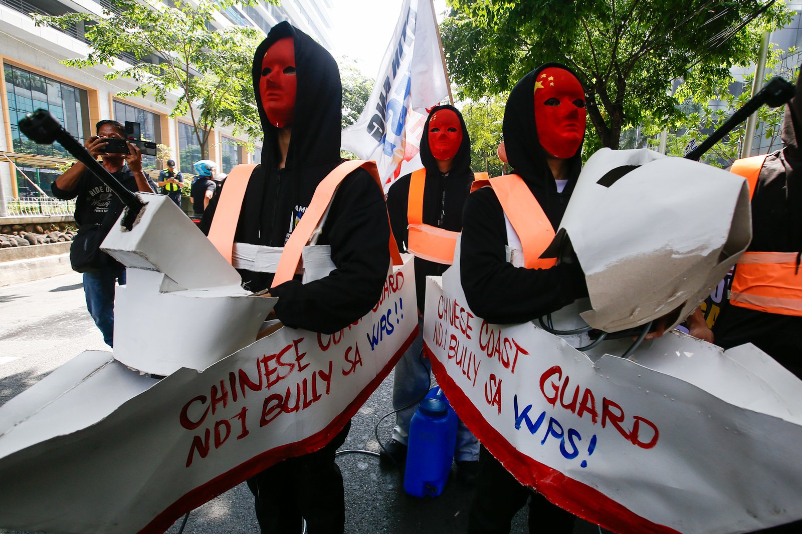 Activists gather outside the Chinese Embassy in Makati City on Monday, 31 August 2026, to protest China’s call for the Philippines to remove the BRP Sierra Madre from Ayungin Shoal. They also urged the Chinese Coast Guard to stop harassing Filipino fishermen and respect the 2016 arbitral ruling.