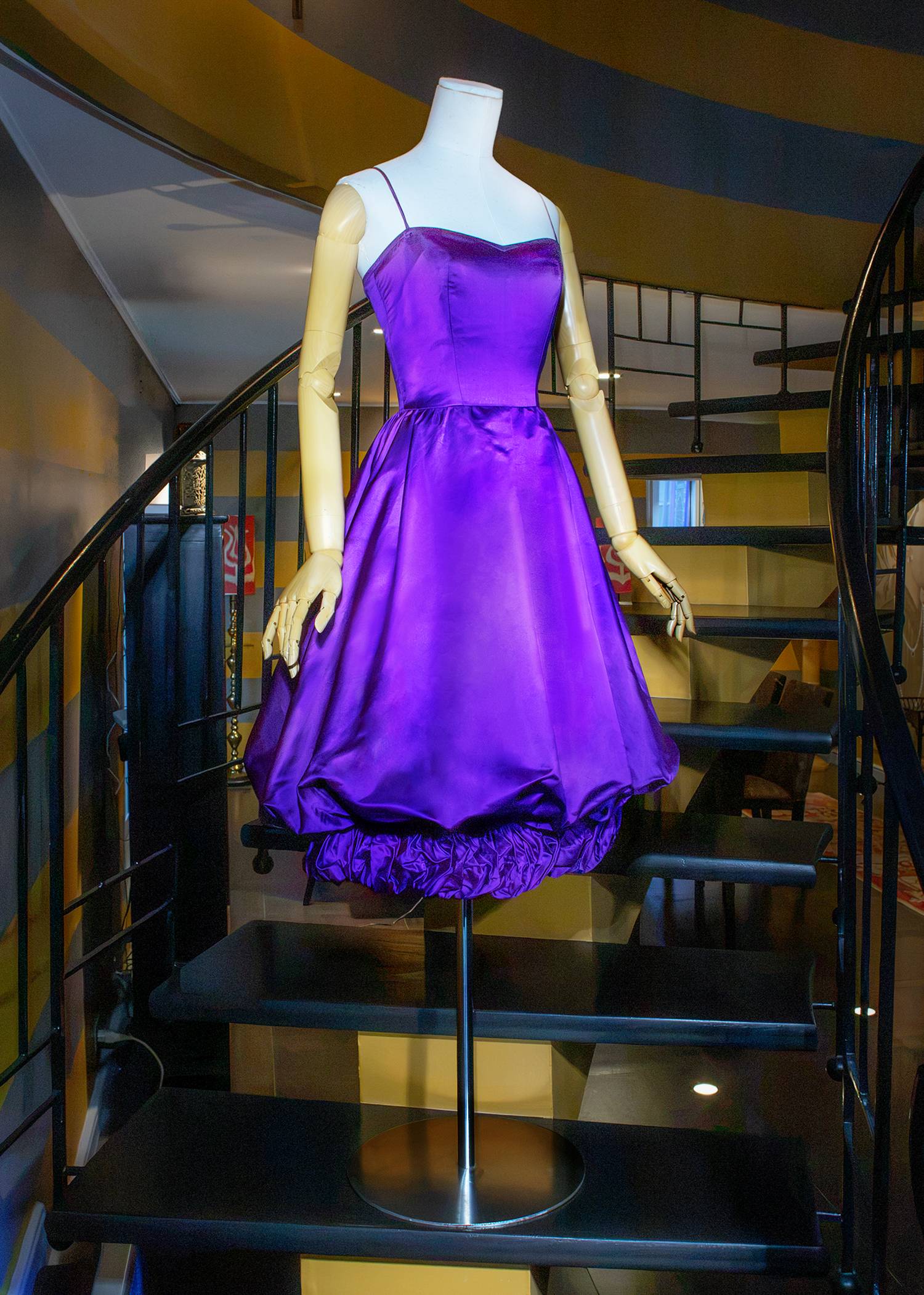 Parma-violet silk satin dress with a voluminous bubble skirt and a ruched band at the hemline.