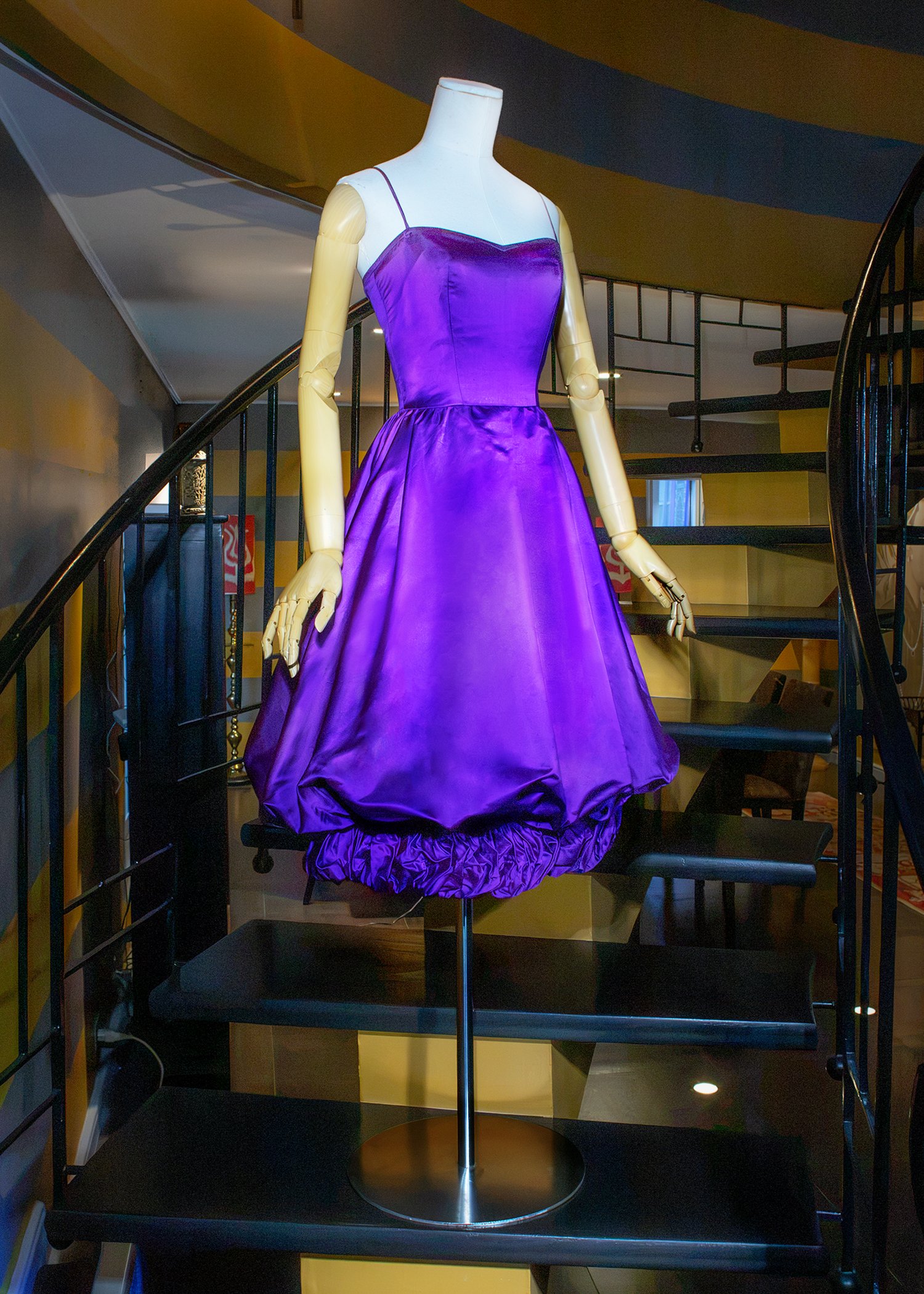 Parma-violet silk satin dress with a voluminous bubble skirt and a ruched band at the hemline.