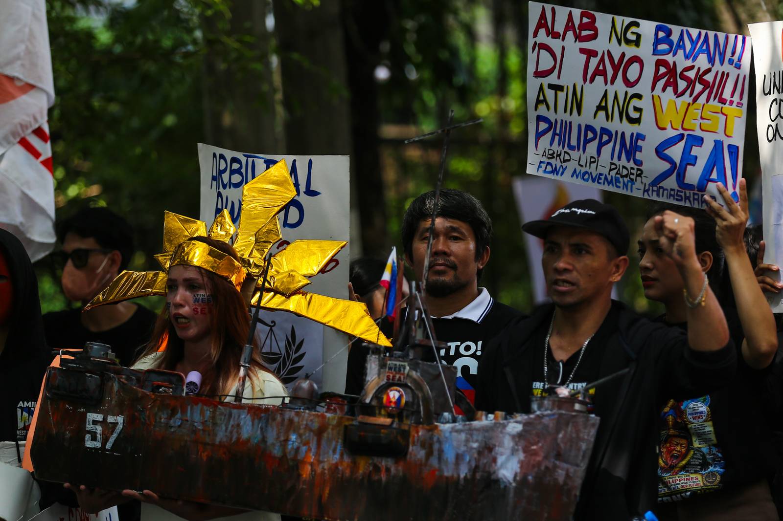 Activists gather outside the Chinese Embassy in Makati City on Monday, 31 August 2026, to protest China’s call for the Philippines to remove the BRP Sierra Madre from Ayungin Shoal. They also urged the Chinese Coast Guard to stop harassing Filipino fishermen and respect the 2016 arbitral ruling.