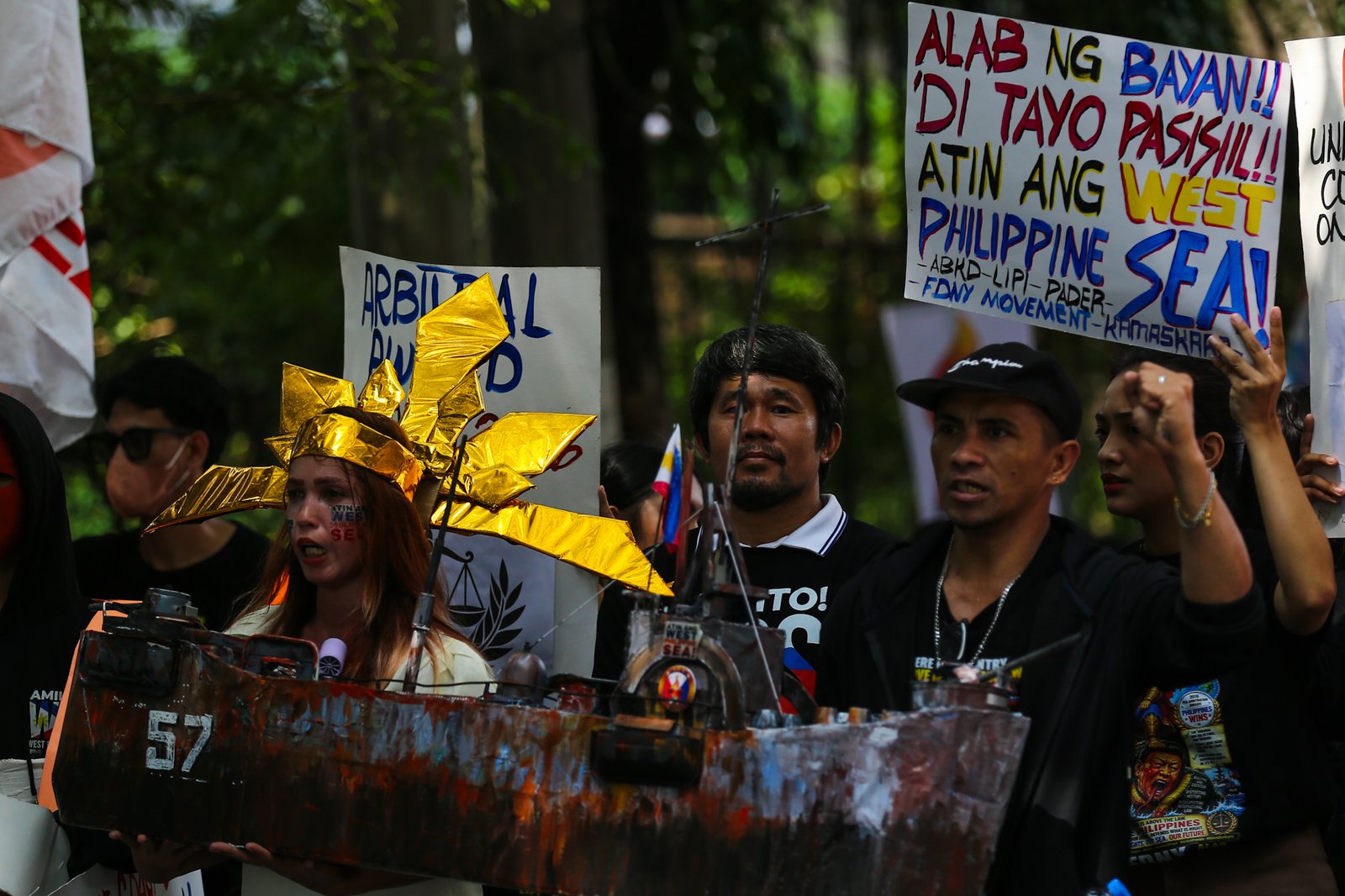 Activists gather outside the Chinese Embassy in Makati City on Monday, 31 August 2026, to protest China’s call for the Philippines to remove the BRP Sierra Madre from Ayungin Shoal. They also urged the Chinese Coast Guard to stop harassing Filipino fishermen and respect the 2016 arbitral ruling.