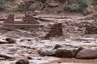 STONE bridge pylons remain along Bright Angel Creek after a flash flood destroyed a footbridge at Grand Canyon National Park.