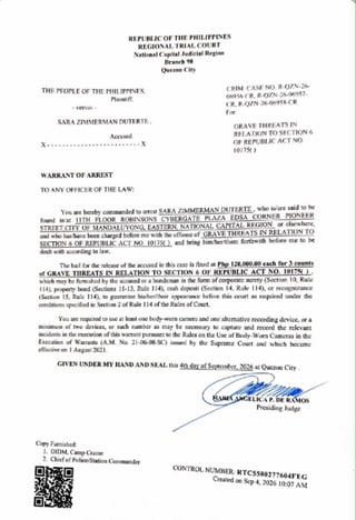 QC court issues arrest warrant vs VP Sara Duterte