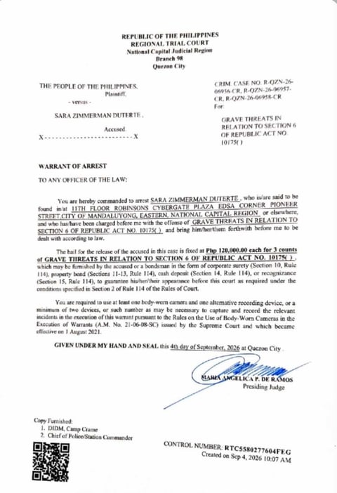 QC court issues arrest warrant vs VP Sara Duterte