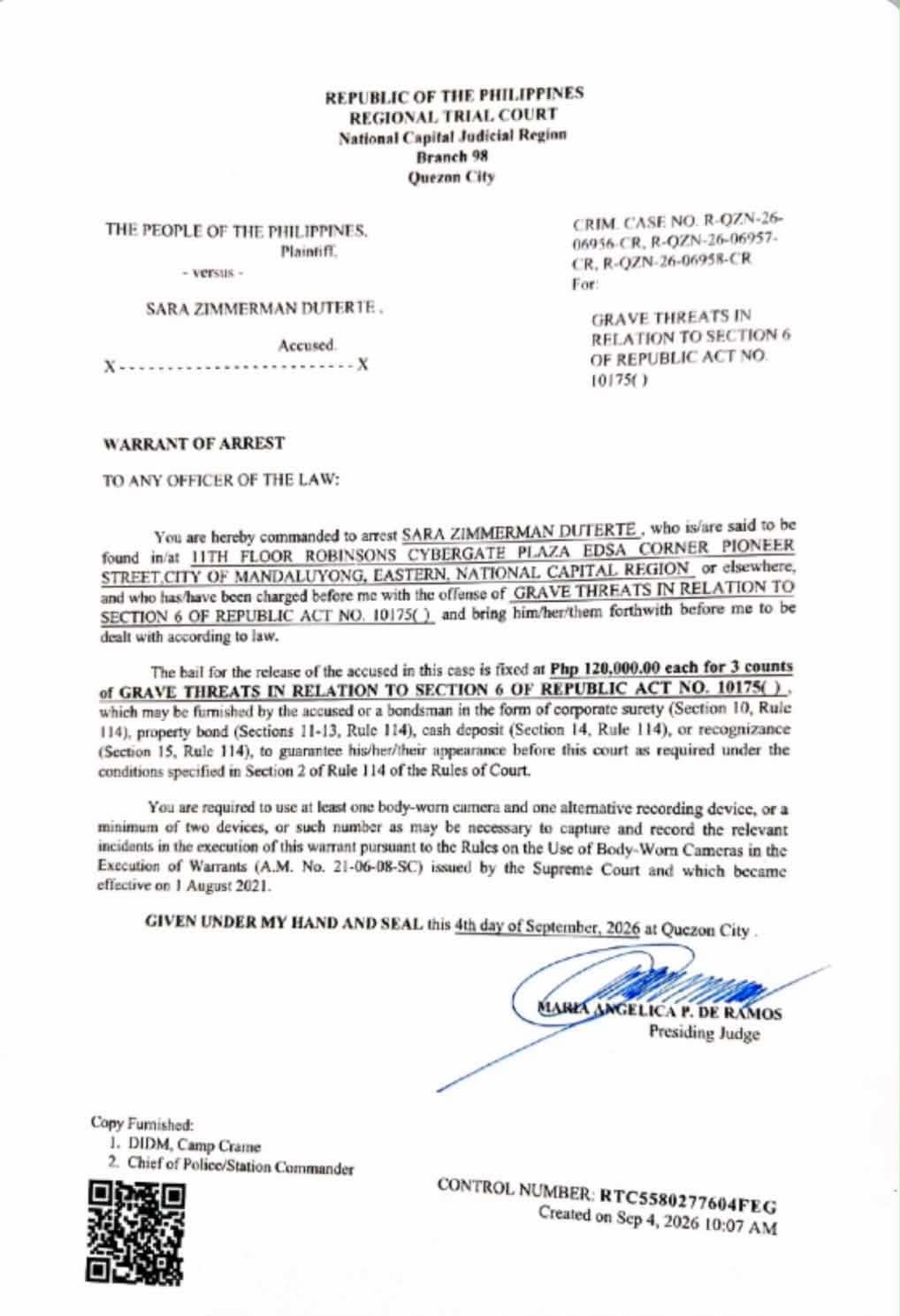 QC court issues arrest warrant vs VP Sara Duterte