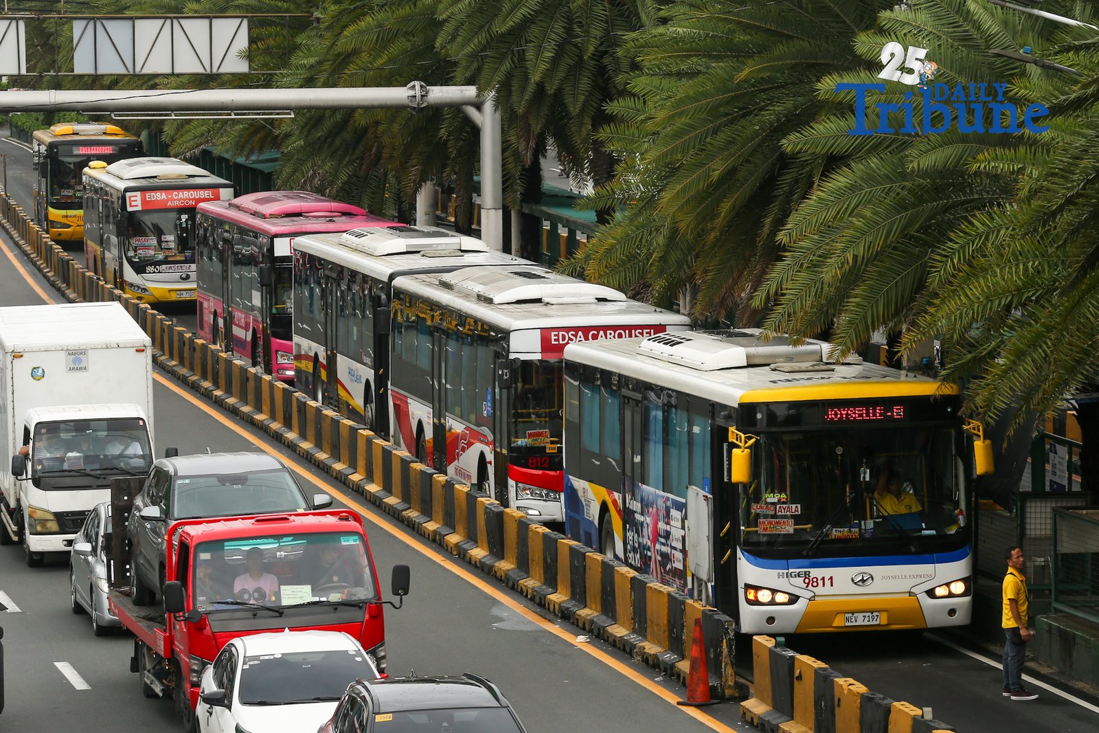 Buses line up at the EDSA Pasay Northbound Station of the EDSA Busway in this photo taken on 05 September 2026. Transport advocacy groups and several lawmakers have raised concerns over the lack of funding for the EDSA Busway, the service contracting program and fuel subsidies for public utility drivers in the Department of Transportation’s proposed 2027 budget.