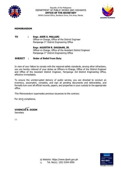 2 Pampanga DPWH officials relieved over safety lapses