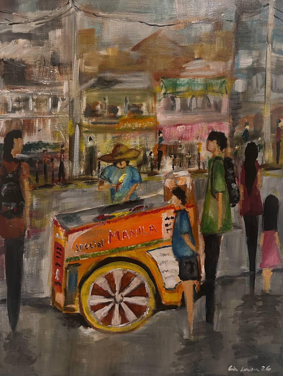 Gia Louise’s work pays tribute to Vicente Manansala’s focus on everyday Filipino life, depicting a sorbetes vendor and a busy Manila street scene.