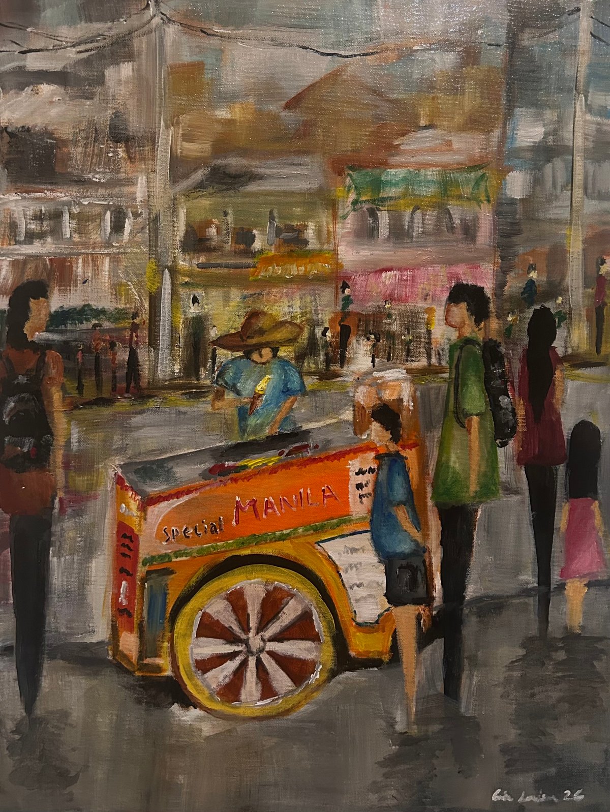 Gia Louise’s work pays tribute to Vicente Manansala’s focus on everyday Filipino life, depicting a sorbetes vendor and a busy Manila street scene.