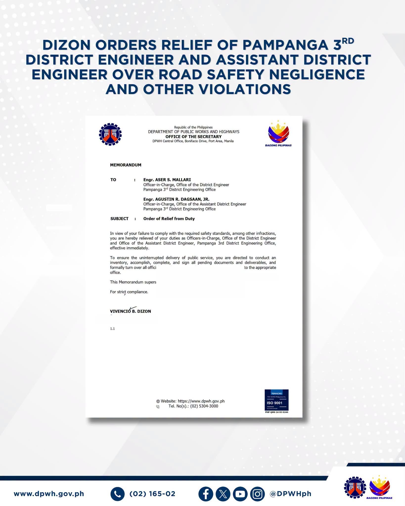 Dizon relieves 2 DPWH Pampanga officials over fatal drainage incident