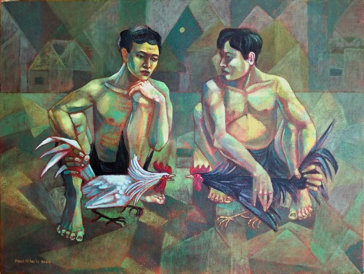 Paul Hilario’s work draws from Manansala’s market scenes and love for sabong.