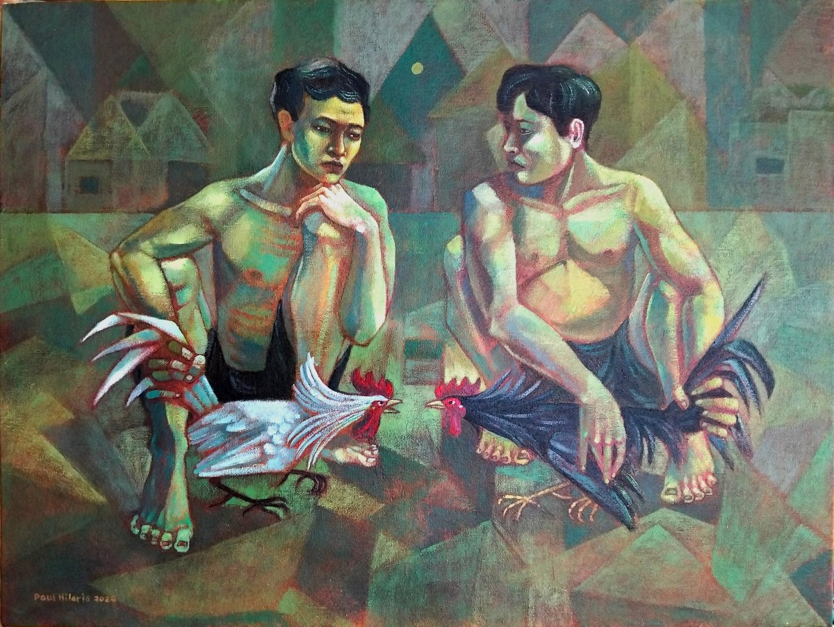 Paul Hilario’s work draws from Manansala’s market scenes and love for sabong.