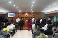 Former officials from the DPWH 1st District Engineering Office appear at the Sandiganbayan Fourth Division for an arraignment into the case of malversation related to a P77 million flood control project in Balagtas, Bulacan.
