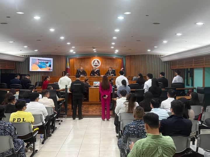Former officials from the DPWH 1st District Engineering Office appear at the Sandiganbayan Fourth Division for an arraignment into the case of malversation related to a P77 million flood control project in Balagtas, Bulacan.