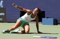 ZHEN Qinwen celebrates after pulling off a 7-5, 6-3 win over Iga Swiatek in the Round of 16 of the US Open women’s singles event on Monday.