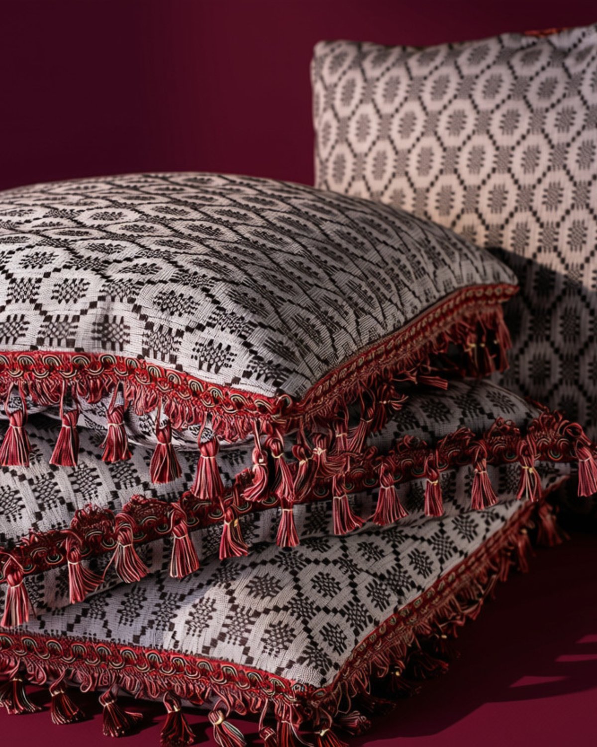 THROW pillows made from heritage fabrics with French passementerie trims by Vetted.
