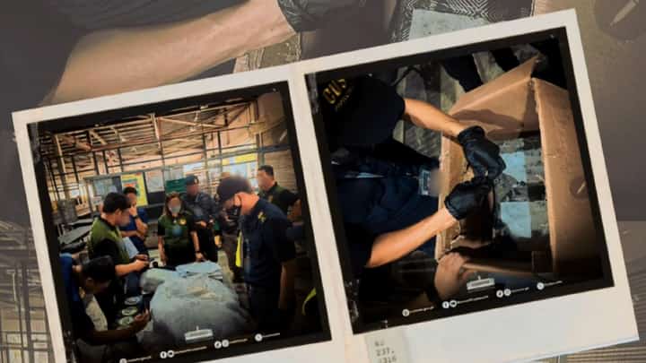 Customs examiners and anti-drug operatives inspect the wedding dress carton and recover four pouches of suspected methamphetamine hydrochloride concealed within its cardboard walls — valued at an estimated ₱10.696 million — intercepted at the Port of Clark, Wednesday.