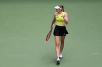 NEW YORK, NEW YORK - SEPTEMBER 09: Elena Rybakina of Kazakhstan reacts against Qinwen Zheng of China during their Women's Singles Quarterfinal match on Day Eleven of the 2026 US Open at USTA Billie Jean King National Tennis Center on September 09, 2026 in the Flushing neighborhood of the Queens borough of New York City.