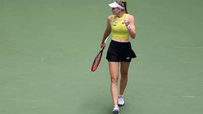 NEW YORK, NEW YORK - SEPTEMBER 09: Elena Rybakina of Kazakhstan reacts against Qinwen Zheng of China during their Women's Singles Quarterfinal match on Day Eleven of the 2026 US Open at USTA Billie Jean King National Tennis Center on September 09, 2026 in the Flushing neighborhood of the Queens borough of New York City.