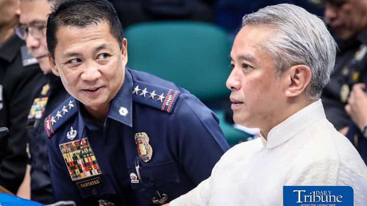 PNP Chief Jose Melencio C. Nartatez Jr. (left) seemed to be teasing DILG Secretary Jonvic Remulla during the Senate budget deliberations on Thursday, 10 September. PNP is under the DILG.