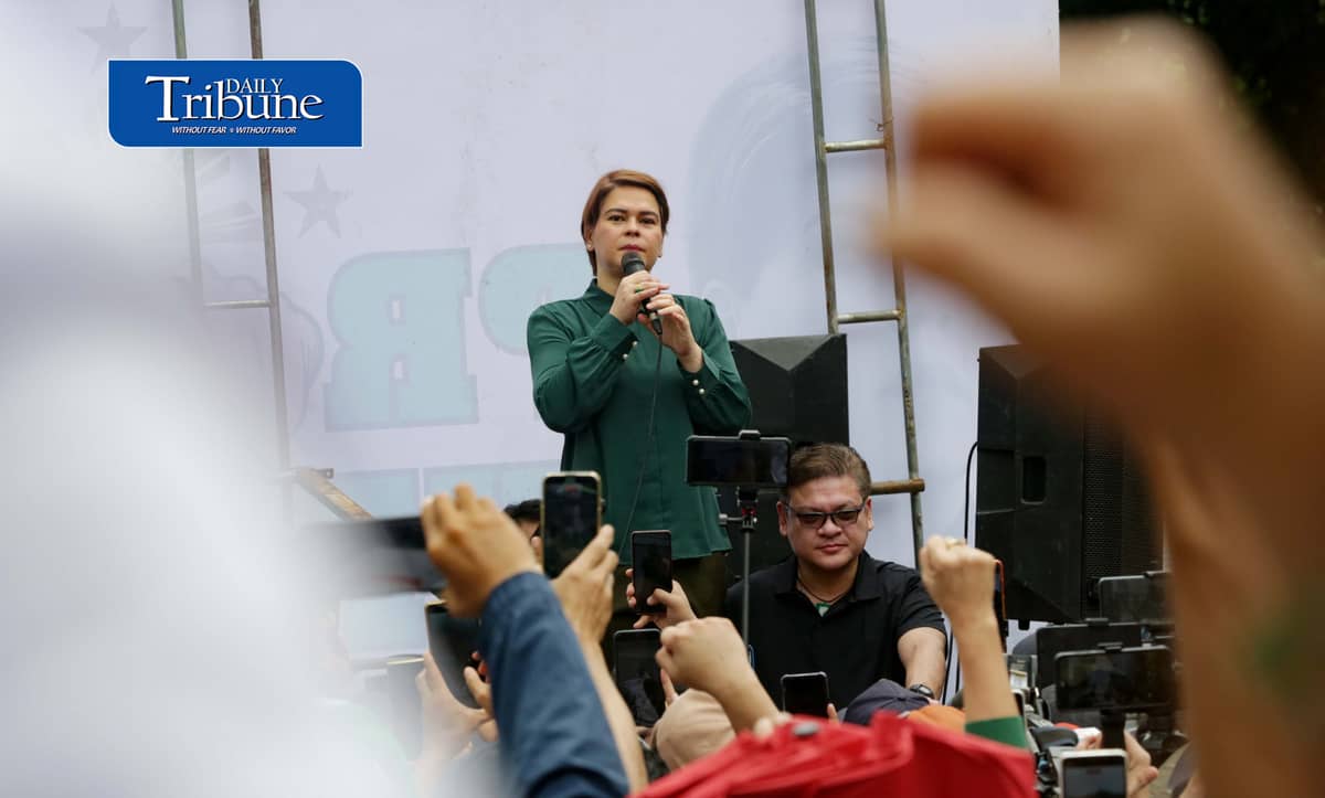 (September 11 2026) Vice President Sara Duterte speaks before her supporters after attending her arraignment of her three counts of grave threats charges at the Quezon City Hall of Justice on Friday, 11 September 2026. Photo/Analy Labor