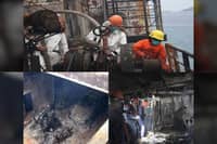 FIREFIGHTERS check on the damage incurred by sea vessel MV June Aster after it caught fire off the waters of Coron, Palawan on Wednesday evening. Authorities declared the vessel fire out on Friday morning.