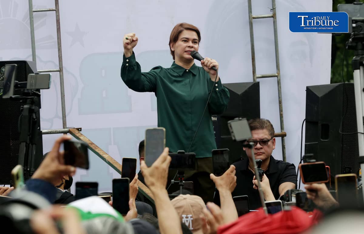 (September 11 2026) Vice President Sara Duterte speaks before her supporters after attending her arraignment of her three counts of grave threats charges at the Quezon City Hall of Justice on Friday, 11 September 2026. Photo/Analy Labor