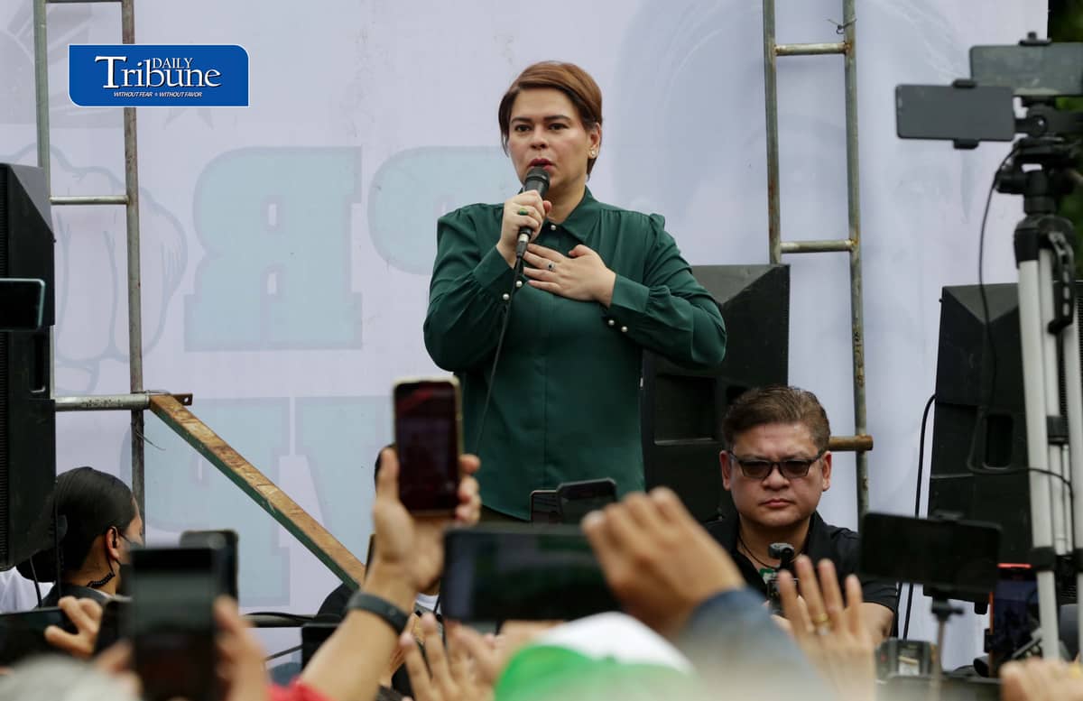 (September 11 2026) Vice President Sara Duterte speaks before her supporters after attending her arraignment of her three counts of grave threats charges at the Quezon City Hall of Justice on Friday, 11 September 2026. Photo/Analy Labor
