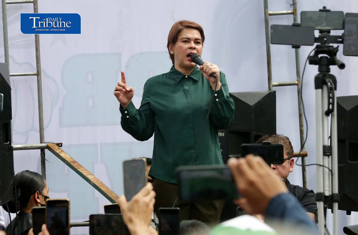 (September 11 2026) Vice President Sara Duterte speaks before her supporters after attending her arraignment of her three counts of grave threats charges at the Quezon City Hall of Justice on Friday, 11 September 2026. Photo/Analy Labor