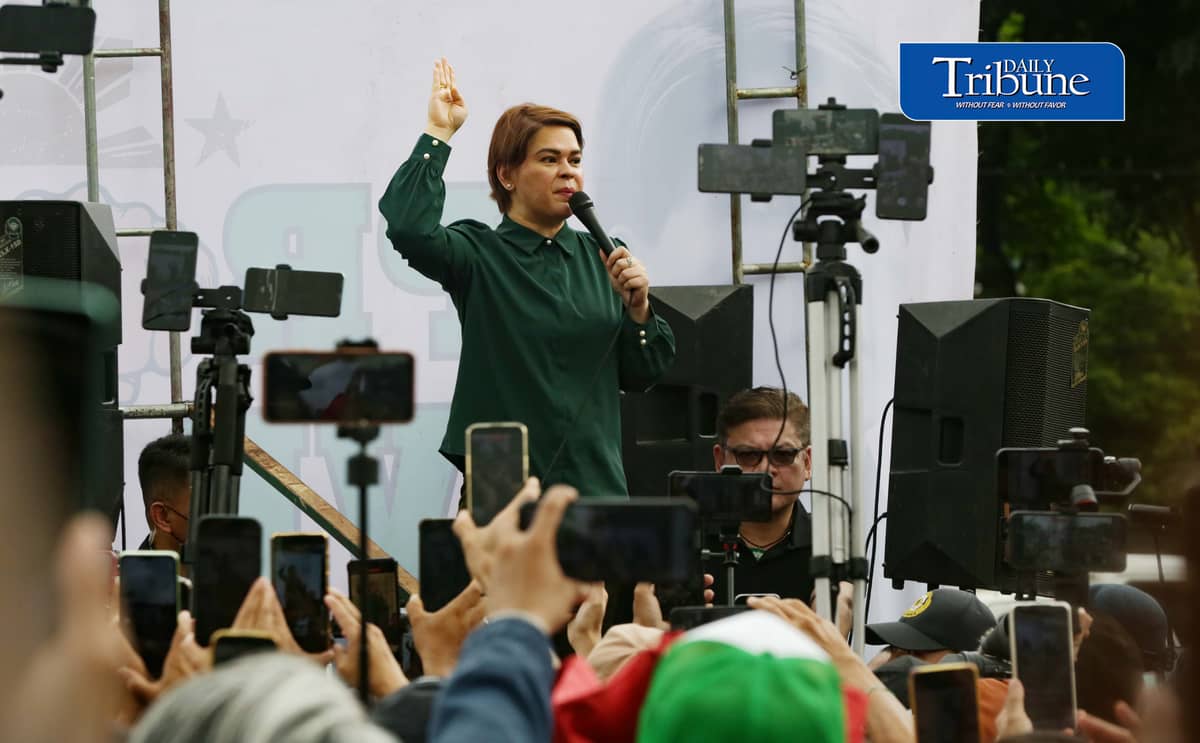(September 11 2026) Vice President Sara Duterte speaks before her supporters after attending her arraignment of her three counts of grave threats charges at the Quezon City Hall of Justice on Friday, 11 September 2026. Photo/Analy Labor