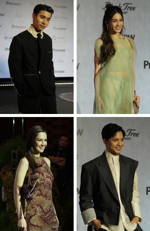 1. BRENT Manalo gave the classic suit a deconstructed twist in a Bagasao Studios jacket styled with a light-colored collared shirt, tie and Tiffany & Co. jewelry. 2. Atasha Muhlach embraced deconstruction through softness in Kelvin Morales’ layered teal sheer dress and pants, playing with transparency, flowing layers and the pieces underneath. 3. Marian Rivera shimmered in a Clio Peppiatt mini dress, combining intricate gold and burgundy beadwork with cascading fringe for a richly textured take on deconstruction. 4. Alden Richards reworked classic tailoring in Koko Gonzales, wearing a double-breasted gray blazer with contrasting sleeves for a contemporary take on the suit.