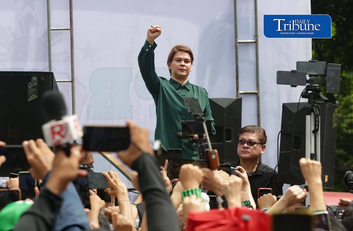 (September 11 2026) Vice President Sara Duterte speaks before her supporters after attending her arraignment of her three counts of grave threats charges at the Quezon City Hall of Justice on Friday, 11 September 2026. Photo/Analy Labor