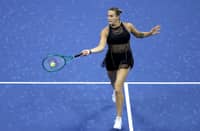 NEW YORK, NEW YORK - SEPTEMBER 10: Aryna Sabalenka returns a shot against Jessica Pegula of the United States during their Women's Singles Semifinal match on Day Twelve of the 2026 US Open at USTA Billie Jean King National Tennis Center on September 10, 2026 in the Flushing neighborhood of the Queens borough of New York City.