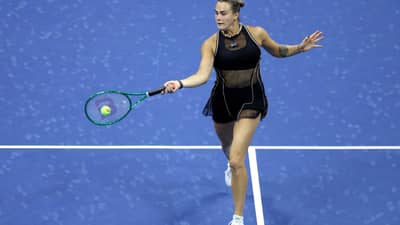 NEW YORK, NEW YORK - SEPTEMBER 10: Aryna Sabalenka returns a shot against Jessica Pegula of the United States during their Women's Singles Semifinal match on Day Twelve of the 2026 US Open at USTA Billie Jean King National Tennis Center on September 10, 2026 in the Flushing neighborhood of the Queens borough of New York City.