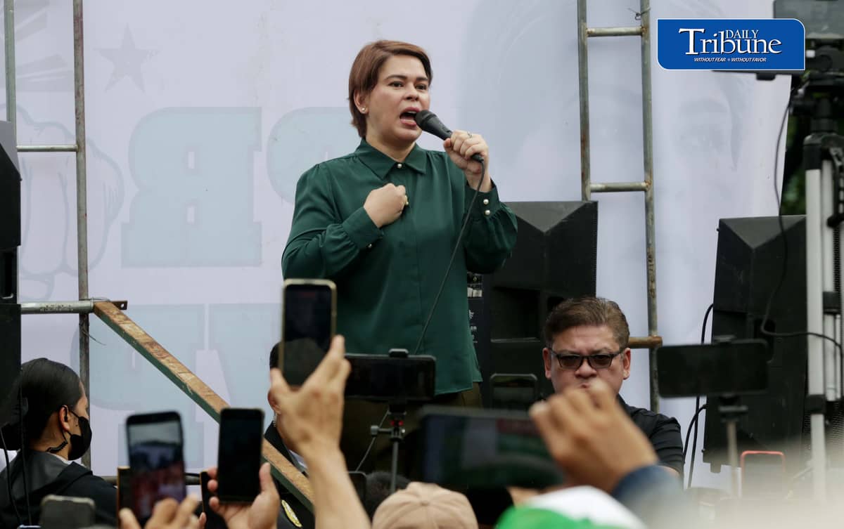 (September 11 2026) Vice President Sara Duterte speaks before her supporters after attending her arraignment of her three counts of grave threats charges at the Quezon City Hall of Justice on Friday, 11 September 2026. Photo/Analy Labor