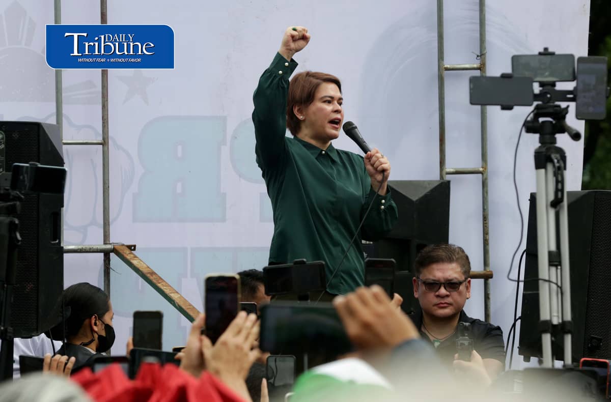 (September 11 2026) Vice President Sara Duterte speaks before her supporters after attending her arraignment of her three counts of grave threats charges at the Quezon City Hall of Justice on Friday, 11 September 2026. Photo/Analy Labor