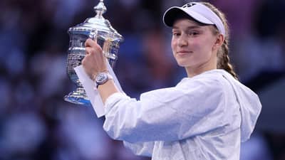 NEW YORK, NEW YORK - SEPTEMBER 12: Elena Rybakina of Kazakhstan celebrates with the trophy after defeating Aryna Sabalenka in their Women's Singles Final match on Day Fourteen of the 2026 US Open at USTA Billie Jean King National Tennis Center on September 12, 2026 in the Flushing neighborhood of the Queens borough of New York City.