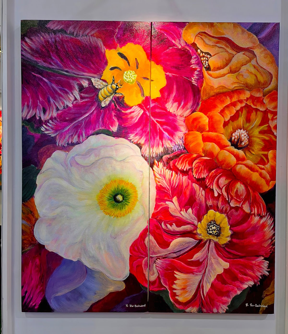 'WHERE Petals Breathe, Series III (Between Blossoms)' (diptych, acrylic and oil on canvas, 53.1 by 61 cm, 2025).
