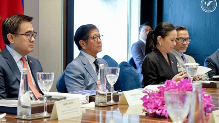 President Ferdinand Marcos Jr. (2nd from left) was joined by Finance Secretary Frederick Go and Trade Secretary Cristina Roque during a meeting with business leaders in India on Saturday afternoon.