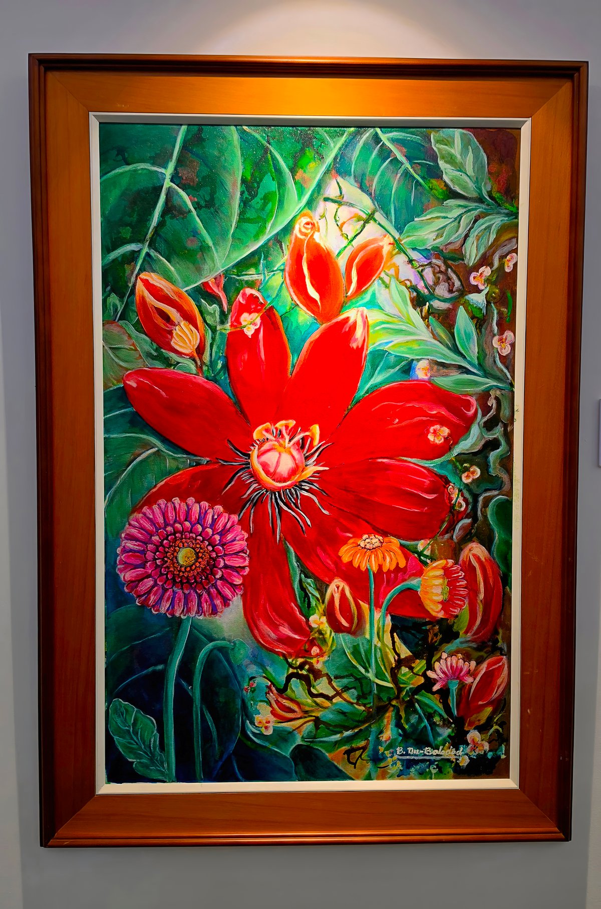 'SCARLET Passion Flower (Passiflora)' (acrylic and oil on canvas, 60 by 95 cm, 2025).