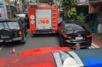 SCREENGRAB from the viral video surfacing online shows the fire truck colliding with a double-parked car along a narrow street in Barangay Bangkal, Makati City last Saturday. The Land Transportation Office has issued a show-cause order against the owner and driver of the sedan.