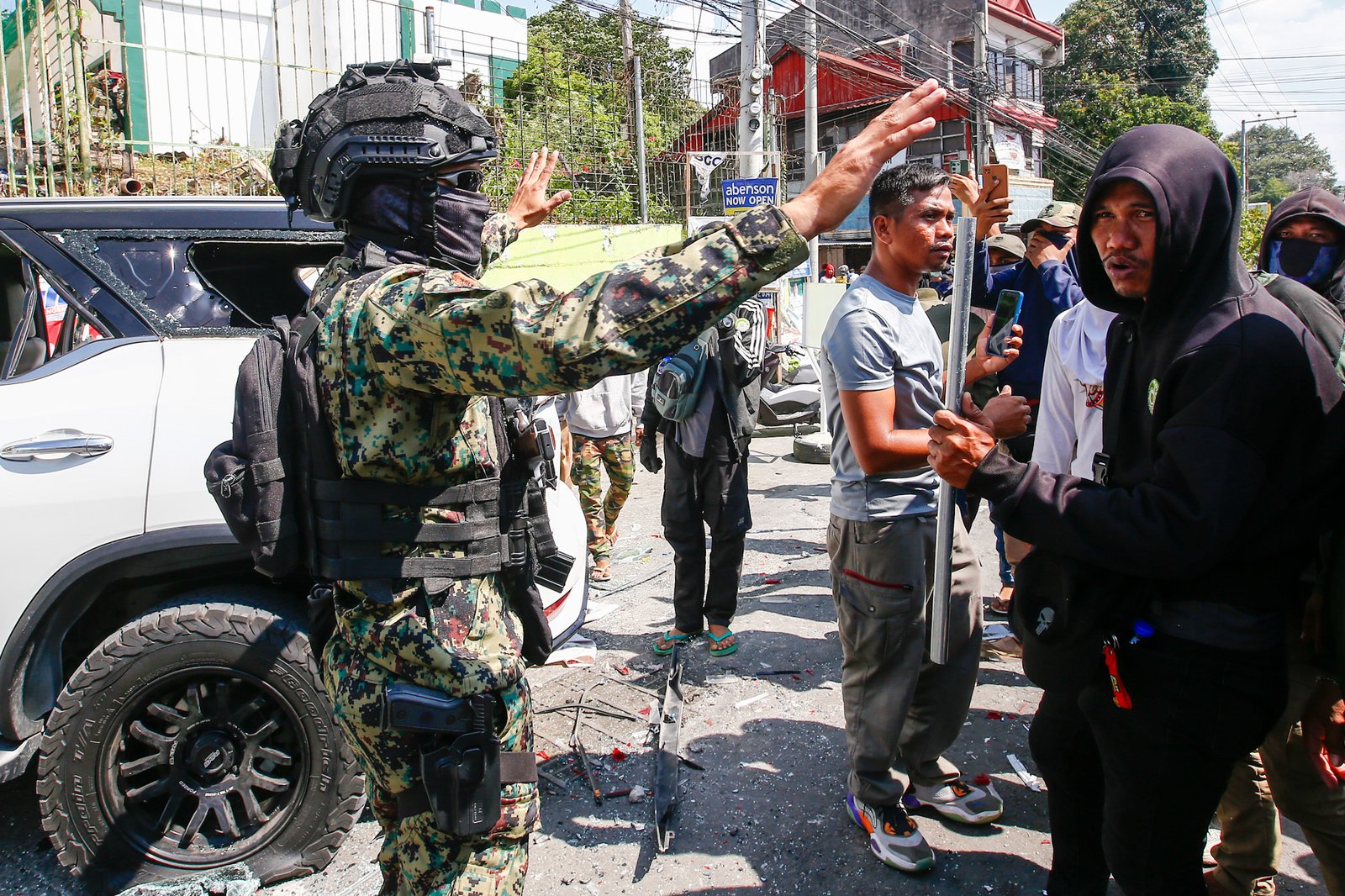 A riot erupts outside Sero Central School along Sinsuat Avenue in Cotabato City on 14 September 2026 as voting continues in the first Bangsamoro Parliamentary Elections. The perpetrators claimed to be members of the United Bangsamoro Justice Party (UBJP). The Commission on Elections has placed Cotabato City under its control following election-related violence.