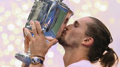 ALEXANDER Zverev lifts his second Grand Slam trophy following a 6-3, 7-6 (7/2), 5-7, 6-2 triumph over Ben Shelton in the final of the US Open men’s singles event.