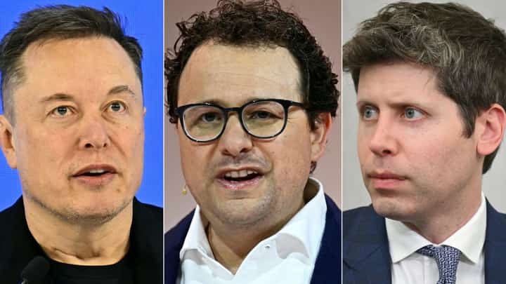 SLOW it down. From left: Elon Musk, Anthropic CEO Dario Amodei and OpenAI CEO Sam Altman, three of the most prominent figures shaping the frontier technology race. Amodei is now calling for a slower pace of development, arguing that safety systems, oversight and independent evaluation need time to catch up.