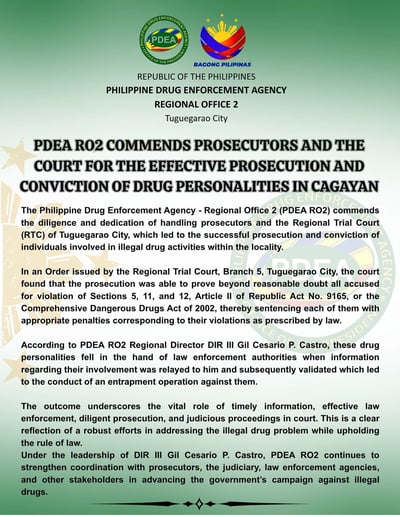 PDEA credits prosecutors, court for drug convictions in Cagayan
