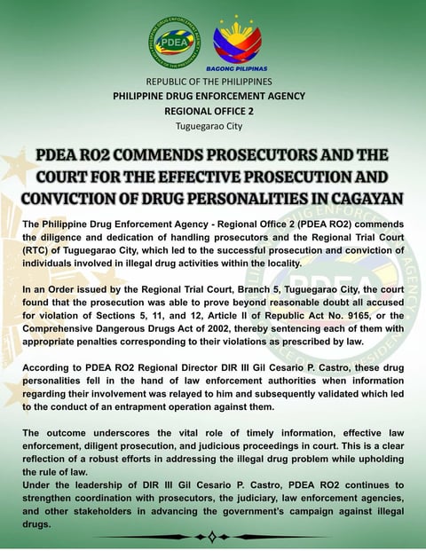 PDEA credits prosecutors, court for drug convictions in Cagayan

