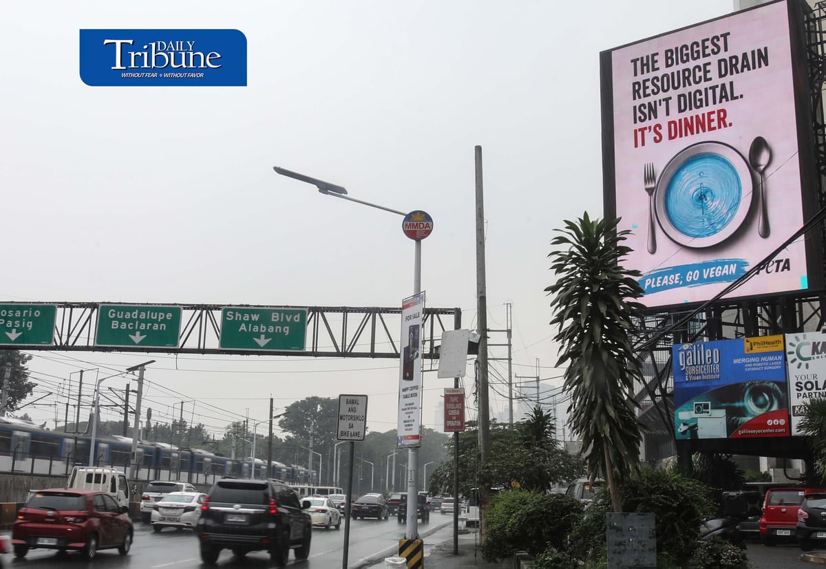 (September 17 2026) The People for the Ethical Treatment of Animals (PETA) launched the first billboard campaign against the proposed pax silica hub stating "The biggest resource drain isn't digital. It's dinner. Please, go vegan" which highlights more concerning environmental and animal welfare costs of the meat, egg, and dairy industries, on electronic billboards along EDSA in Mandaluyong on Thursday. The campaign will expand up to the New Clark City, Tarlac where the proposed Pax Silica hub has drawn scrutiny over its resource consumption and environmental impacts. Photo/Analy Labor