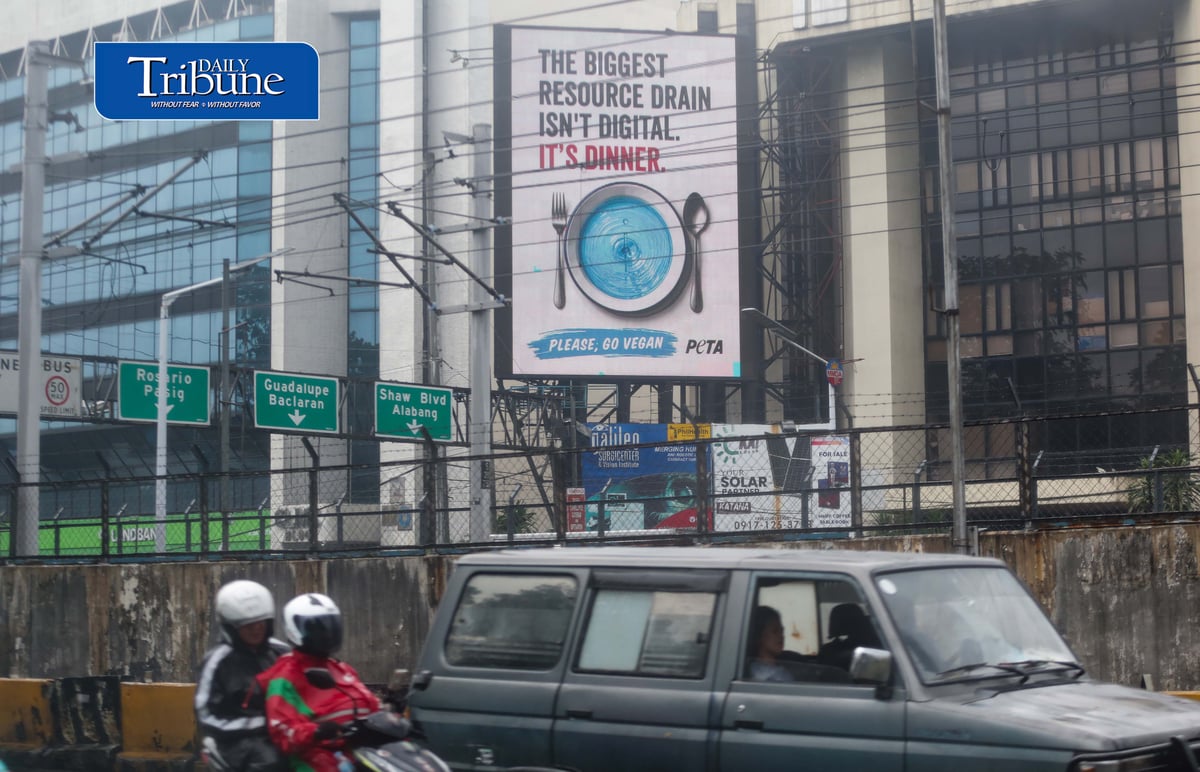 (September 17 2026) The People for the Ethical Treatment of Animals (PETA) launched the first billboard campaign against the proposed pax silica hub stating "The biggest resource drain isn't digital. It's dinner. Please, go vegan" which highlights more concerning environmental and animal welfare costs of the meat, egg, and dairy industries, on electronic billboards along EDSA in Mandaluyong on Thursday. The campaign will expand up to the New Clark City, Tarlac where the proposed Pax Silica hub has drawn scrutiny over its resource consumption and environmental impacts. Photo/Analy Labor