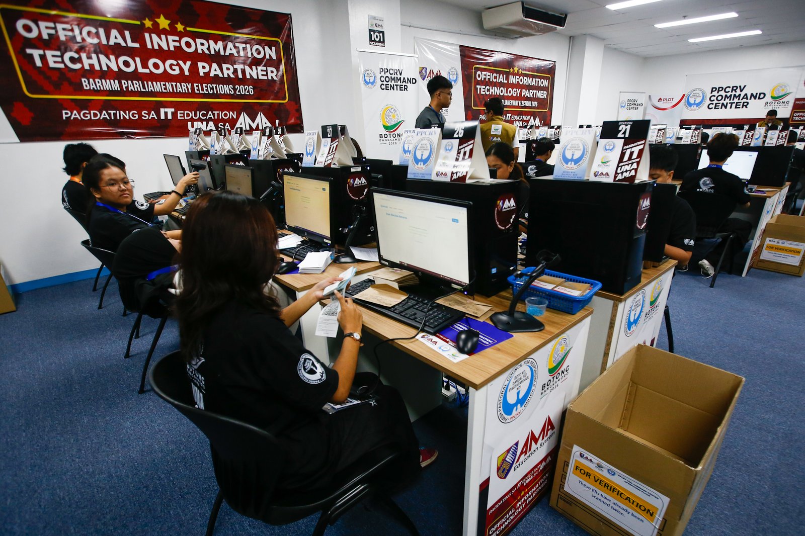 Volunteers scan and verify election returns from various precincts following the September 14 Bangsamoro Parliamentary elections at the PPCRV Command Center in Makati on 18 September 2026. The elected ministers will be replacing the 80-member parliament once the interim parliament ends in October.