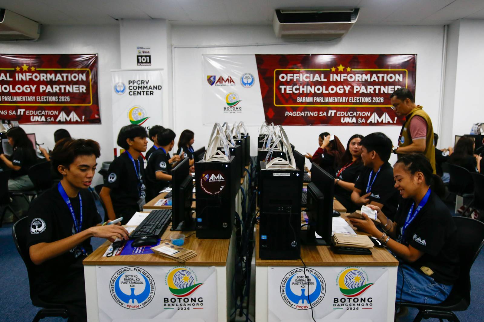 Volunteers scan and verify election returns from various precincts following the September 14 Bangsamoro Parliamentary elections at the PPCRV Command Center in Makati on 18 September 2026. The elected ministers will be replacing the 80-member parliament once the interim parliament ends in October.
